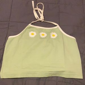 Cropped green daisy tied shirt